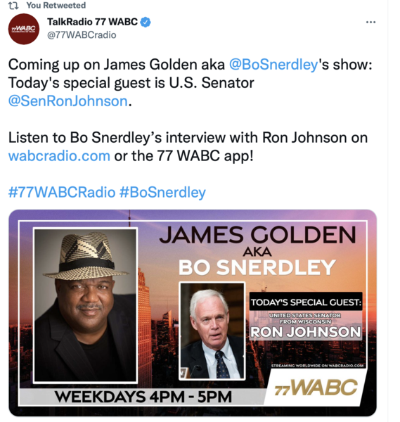 Tweet from radio interview with Bo Snerdly