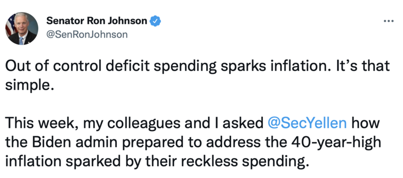 Tweet from Sen. Johnson about inflation