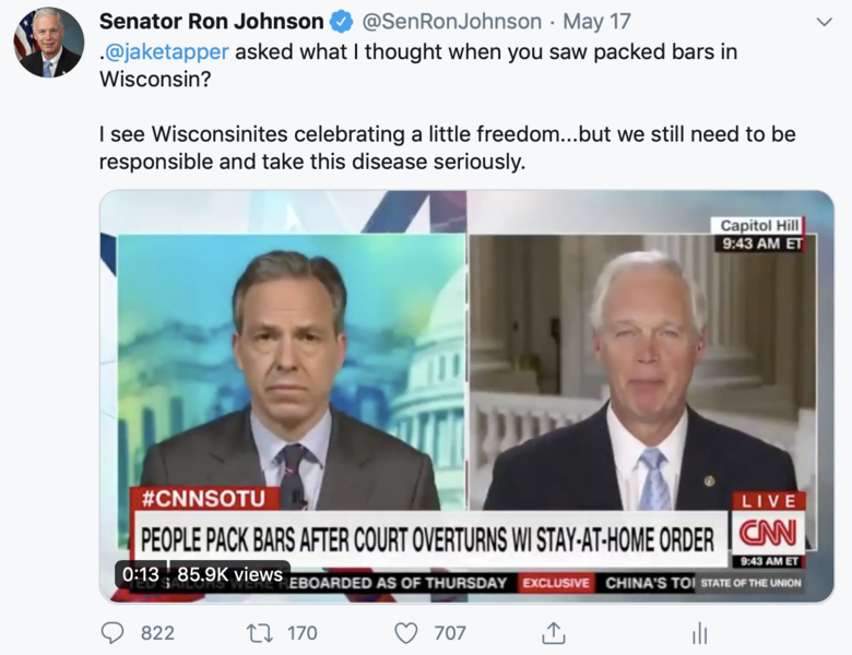 Jake Tapper tweet about opening bars in Wisconsin