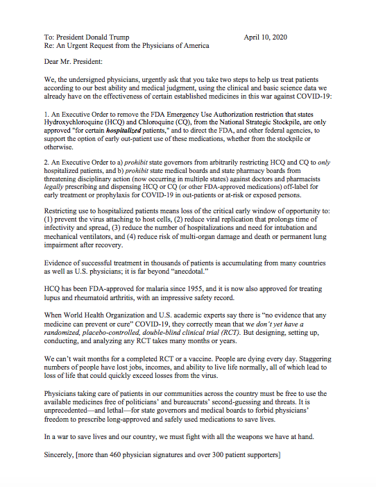 Open Letter To President Trump Urging Action On Hydroxychloroquine Ron Johnson